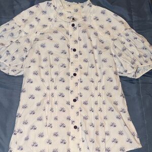 Free People White and Blue Floral Top